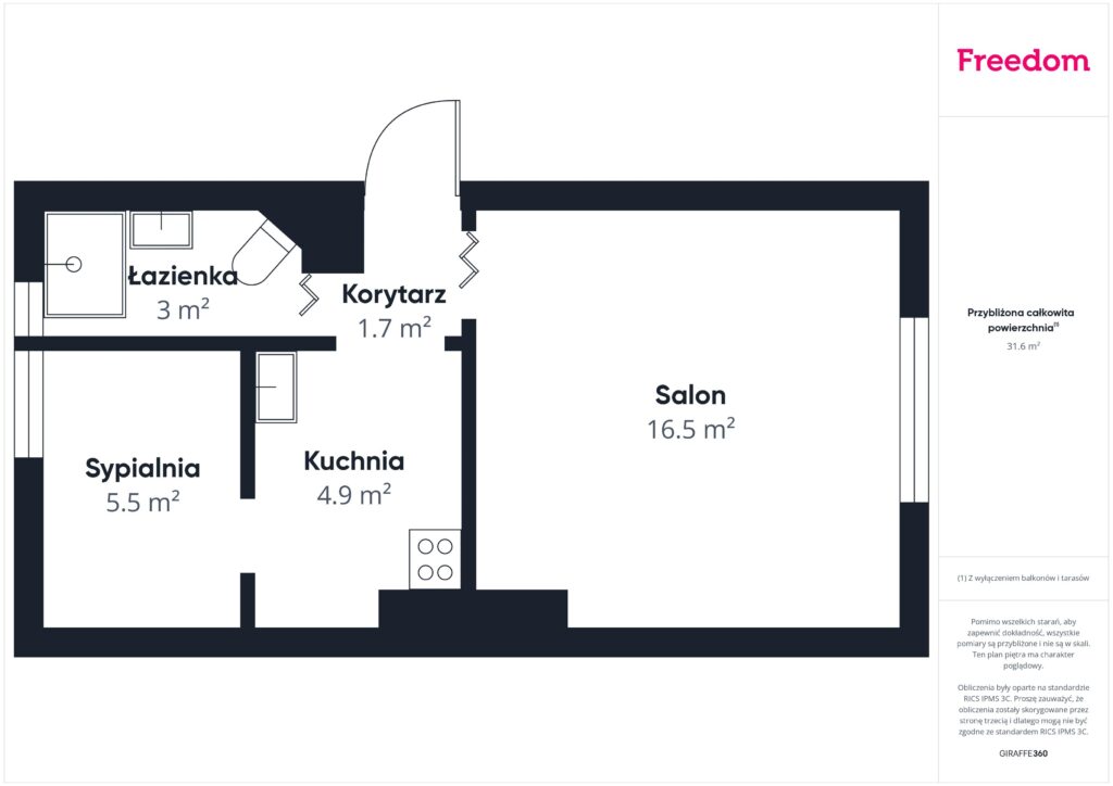 Elbląg, Moniuszki, 2 pokoje, 32 m², 2.piętro - rzut 1